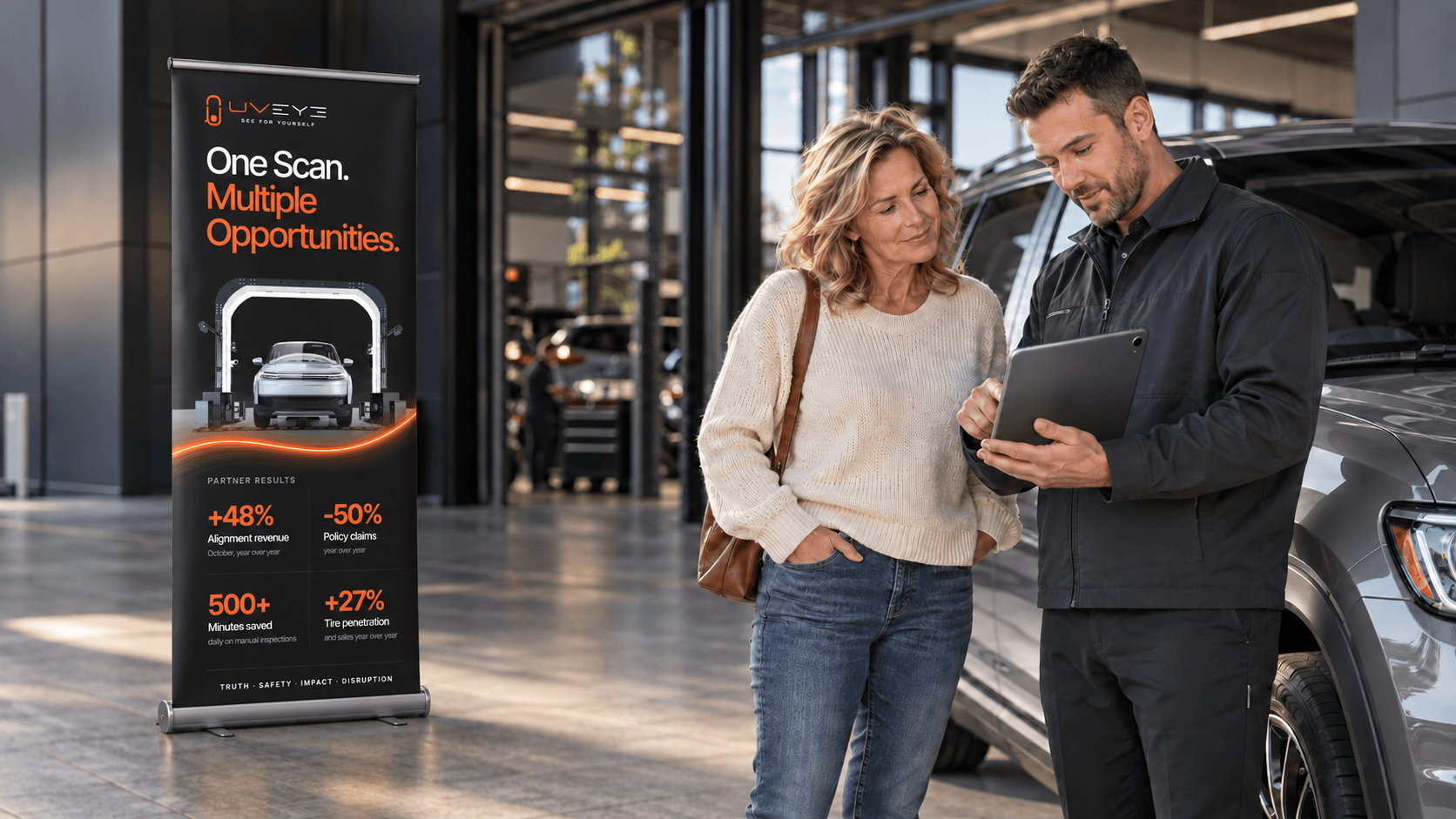 A service advisor walking a customer through a UVeye scan beside a See for yourself banner